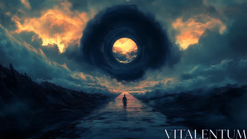Solitary wanderer approaches a storm-lit cosmic vortex sky.