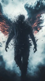 Silhouetted humanoid figure dissolves amid smoke and embers