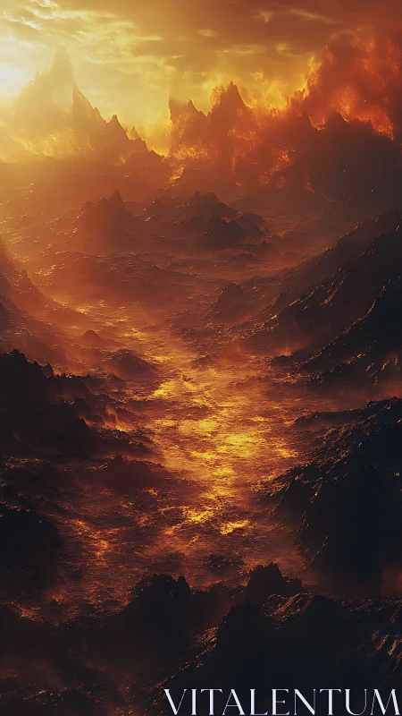 Volcanic basalt valley with molten lava river under burning sky.