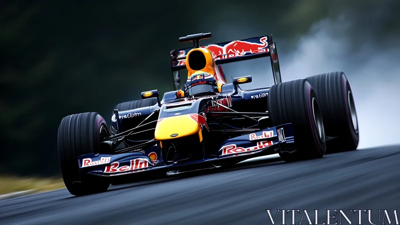 Turbocharged race car carving through misty twilight track.