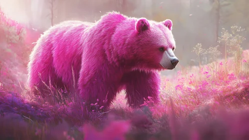 Pink bear in soft-lit meadow with saturated foliage.