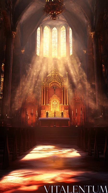 Gothic cathedral nave with luminous altar and volumetric sunlight