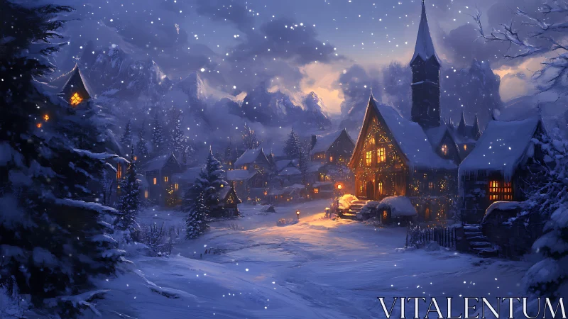 Snowy mountain village glows with warm winter lights at dusk