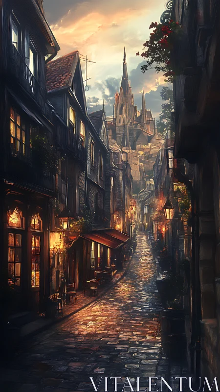 Medieval alleyway with lit caf&eacute;s and distant cathedral.