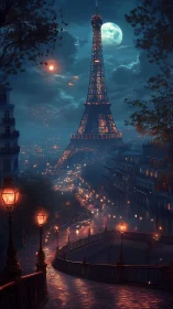 Surreal moonlit Paris streets converge beneath a glowing Eiffel Tower