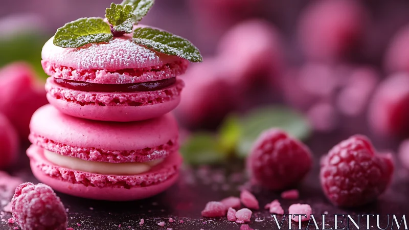 Raspberry macaron tower with mint snow and berry whispers.