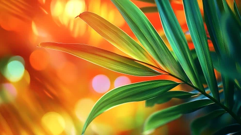 Sunlit palm leaves dancing over glowing bokeh sunset.