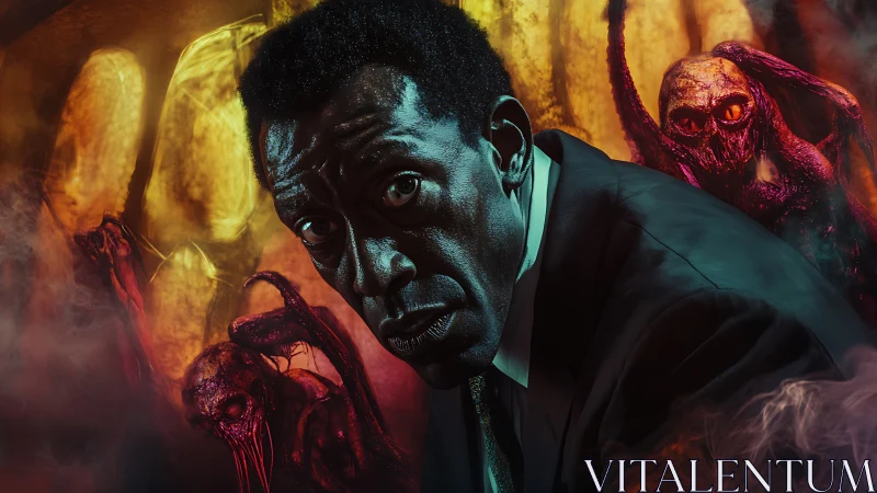 Businessman besieged by infernal creatures in vivid neon horror.