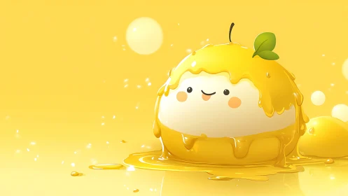 Digital painting of kawaii lemon custard blob with dripping glaze.