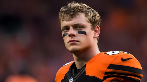 Male football player in orange uniform during game warmup.