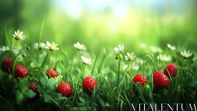 Wild strawberries glow beneath soft bokeh meadow light.