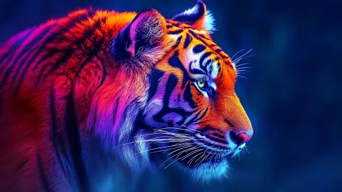 Neon colored tiger profile is rendered with high saturation