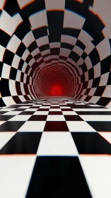 Checkered vortex corridor dissolving into a red horizon.