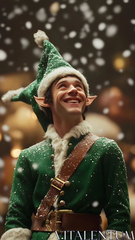Joyful Christmas elf under softly glowing snowfall lights.
