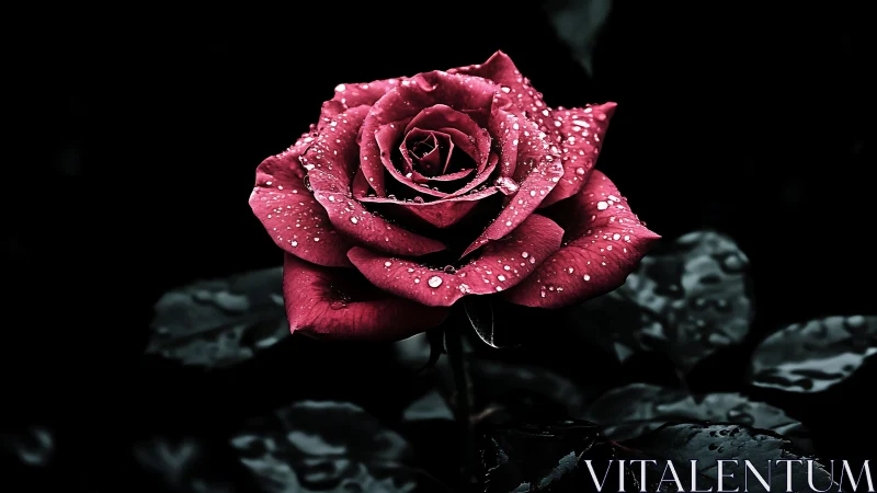 Deep Crimson Rose Glistening with Rain Drops Against Darkness.