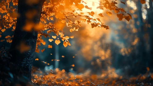 Golden autumn sunlight gently warms a quiet forest path