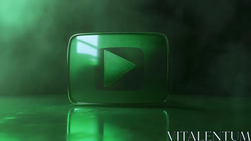 Glossy green play button icon in dark modern digital art style.