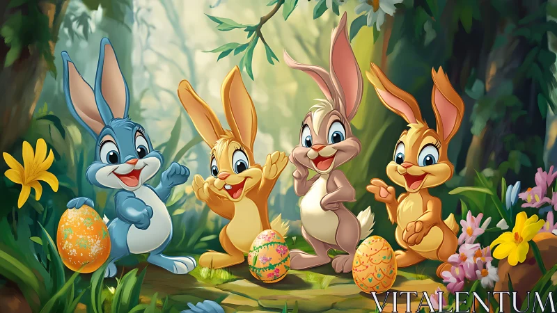 Forest bunny quartet bursts into a bright Easter egg dance