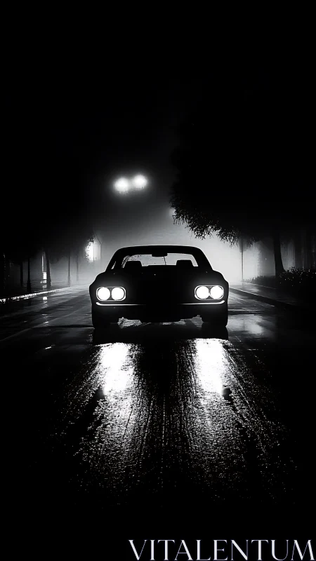 Midnight classic car glowing softly on a rain-slick street.
