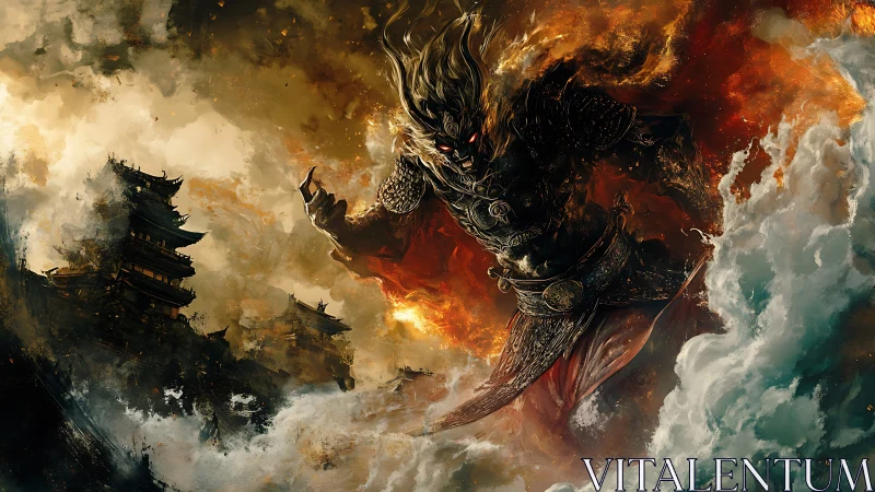 Storm-forged fire warrior strides between temple and sea