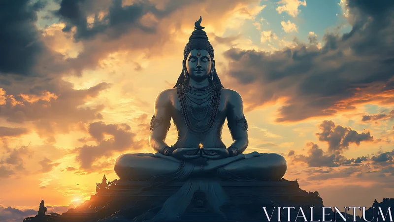 Meditative Shiva statue under dramatic sunset sky.
