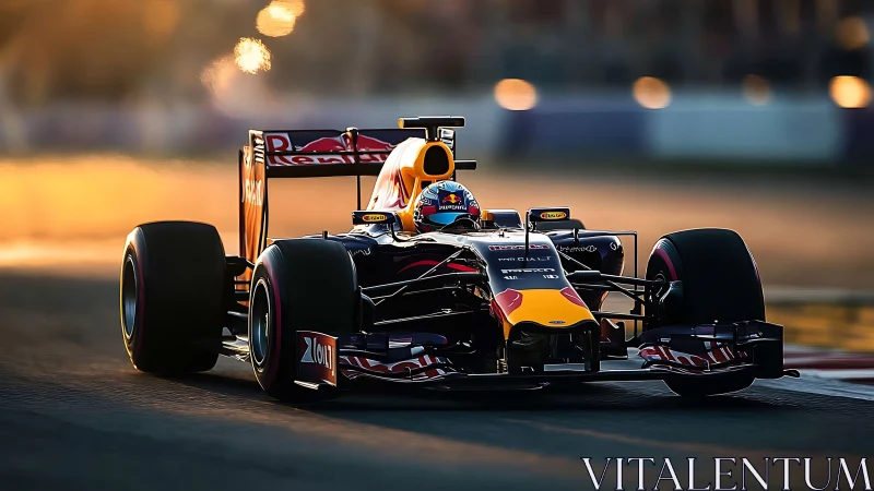 Formula 1 car racing on track in warm sunset light.