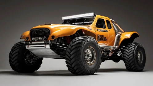 Orange off-road truck with oversized tires is studio lit