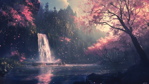 Sunlit waterfall cascades through ethereal sakura forest gorge