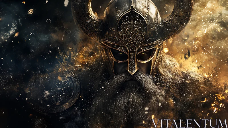 Viking warlord portrait in ornate horned helm, ember storm.