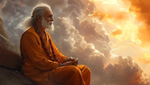 Meditative sage contemplates the sunset above glowing clouds.