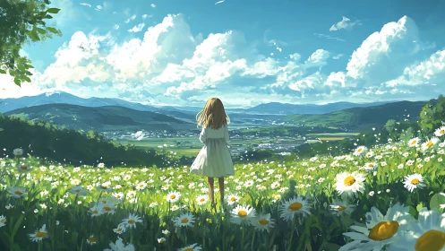 Pastoral anime vista with girl in daisy meadow under sky.