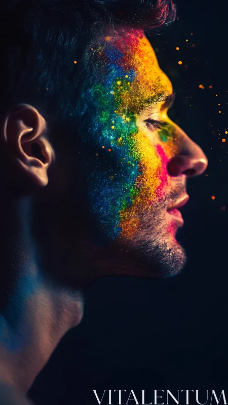 Portrait of a man with vivid rainbow paint in profile view.