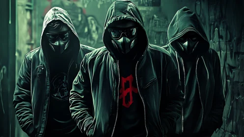 Masked urban hackers advance through neon-lit graffiti alley