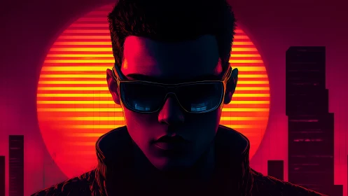 Neon-lit cyberpunk figure framed by blazing retro sun