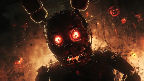 Corroded animatronic figure stands in front of burning debris
