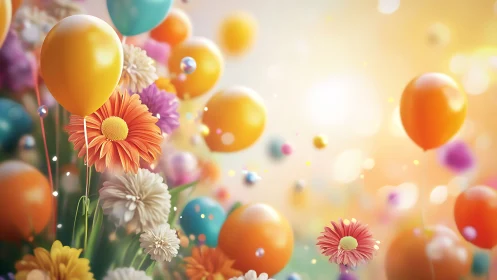 Balloons and Gerberas in Luminous Celebration