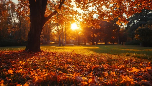 Golden autumn park scene with low sun and fallen leaves.