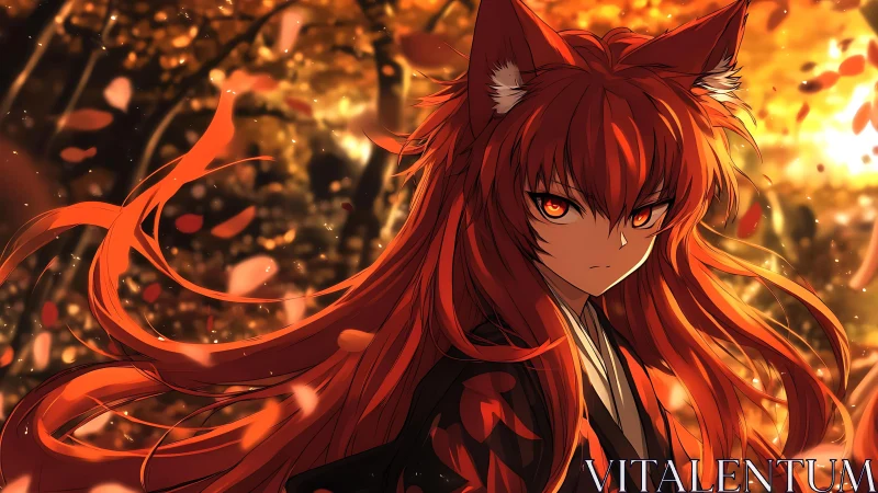 Fox-eared guardian glowing under swirling autumn embers.