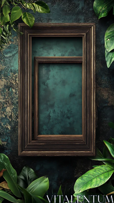Nested wooden frames align against patinated teal wall with foliage