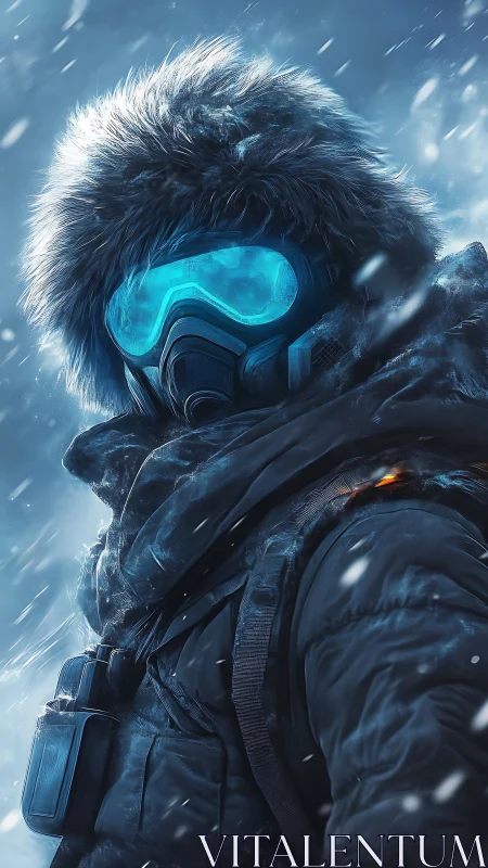 Arctic survivor in respirator gear resists blizzard with frosted optics