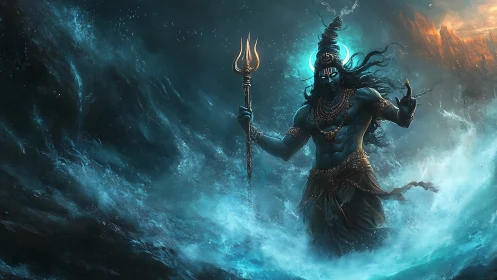 Blue-skinned deity figure stands in turbulent oceanic waves