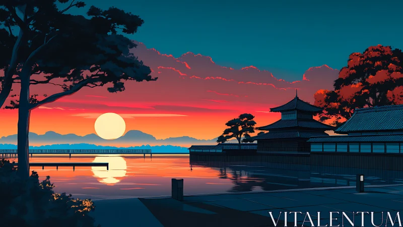 Sunset-lit Japanese lakeside temple with vivid cyan-orange sky