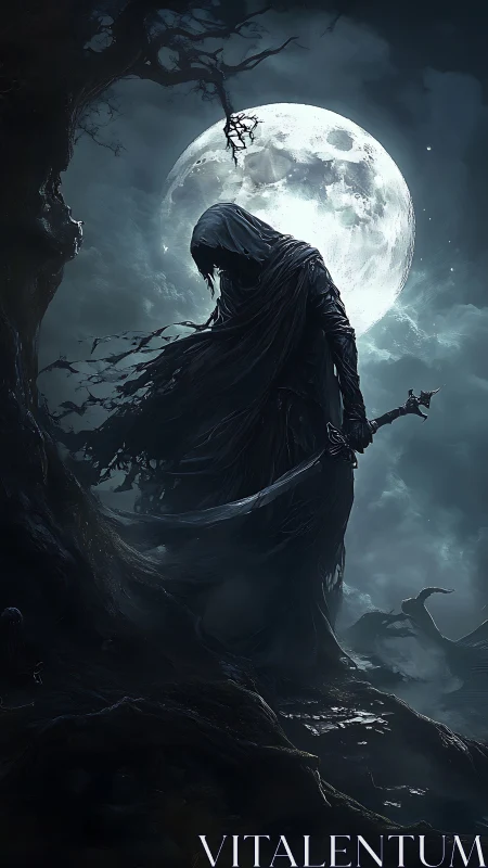 Moonlit reaper figure stands guard in a stormy night forest