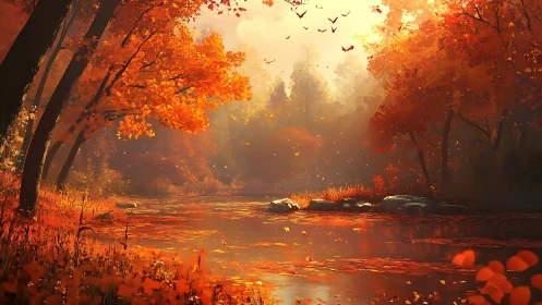 Autumn forest river landscape with dense orange foliage.