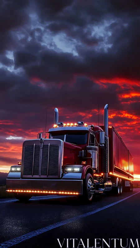 Crimson highway titan under storm-lit ember horizon.