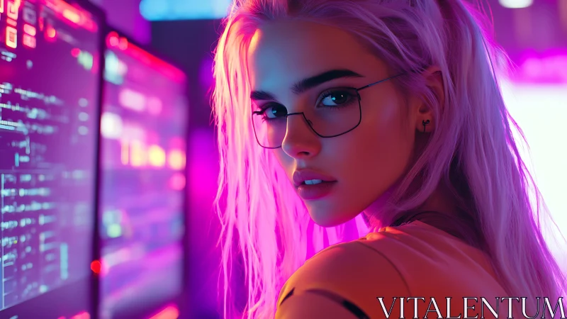 Pink haired woman at neon screens in cyber workspace.