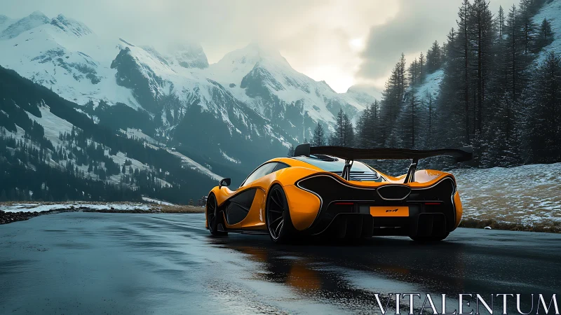 Orange hypercar cuts wet alpine road beneath winter peaks.
