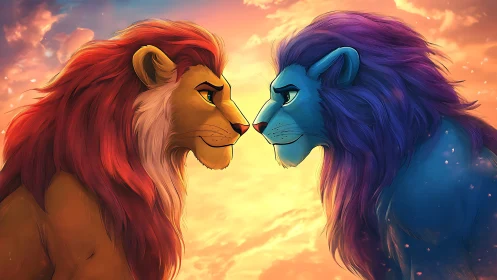Two Stylized Lions Confronting Across Sunset Background.