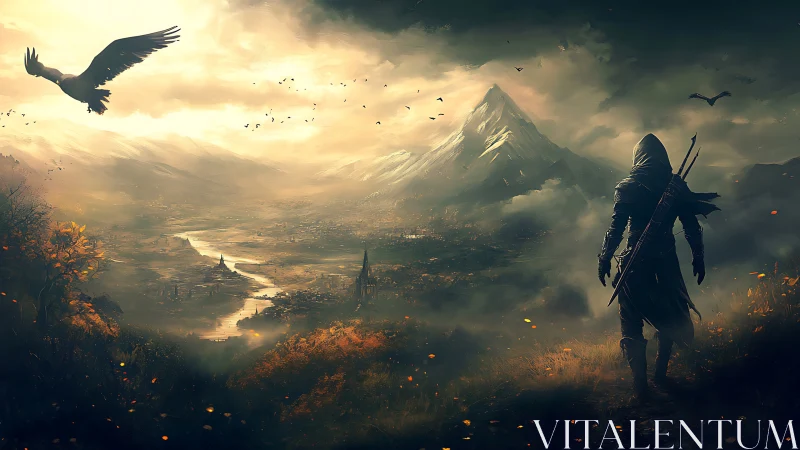 Lone hooded ranger surveys misty valley beneath towering peak