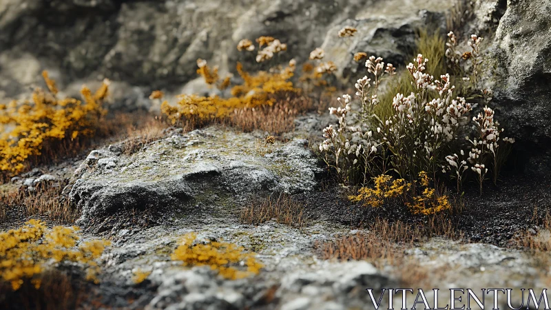 Wild alpine flowers cluster against weathered rocky outcrop